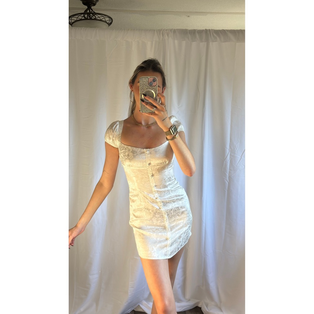 Princess Polly White‎ Floral Jacquard Button Front Mini Dress Puff Sleeve
